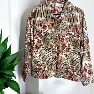 Studio Works Animal Print Jean Jacket with Red Floral Accents 2X